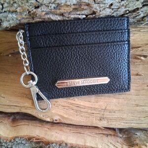 Steve Madden Textured Black Card Holder with Silver Chain